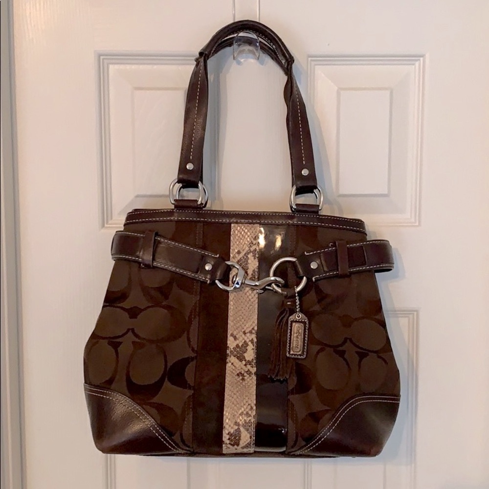 Vintage Coach Logo Handbag with Snake, suede & patent inset & silver hardware